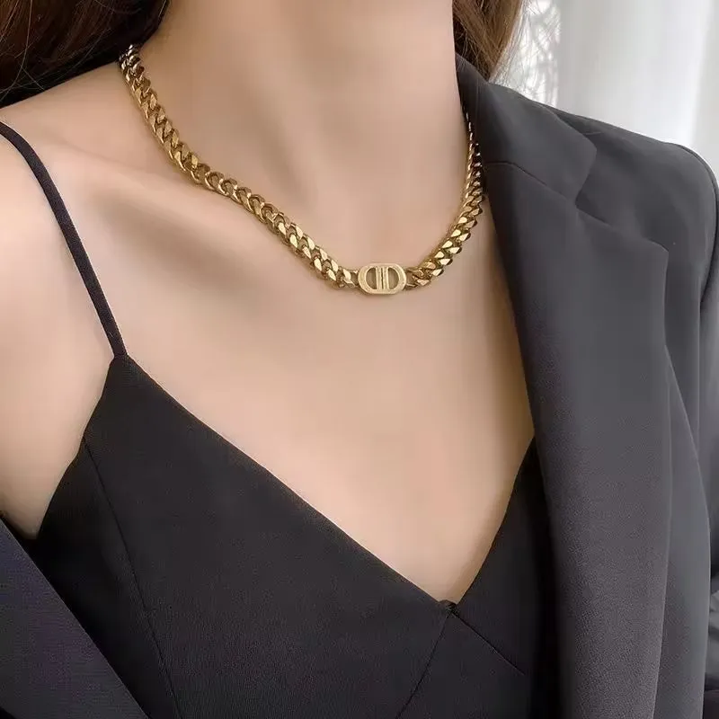 SISSLIA Titanium Steel Letters Gold Thick Chain Hip Hop Cuban Collarbone Chain For Women