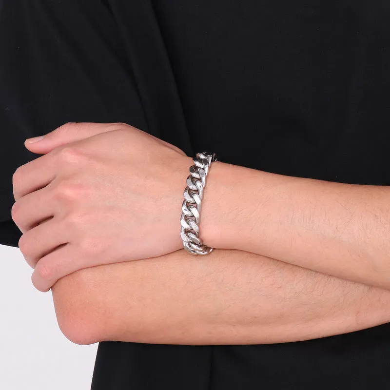 Stylish Hip-Hop Stainless Steel Cuban Chain Necklace and Bracelet Set for Men with Personalized Faucet Buckle Design