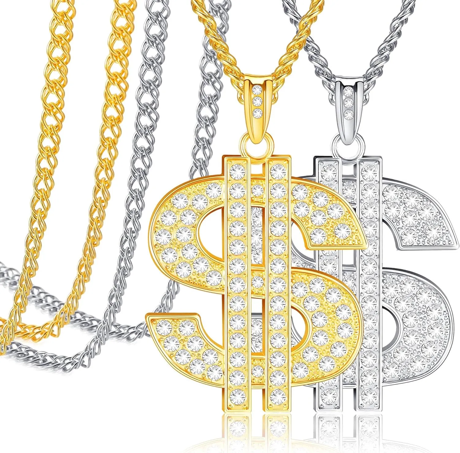 Tatuo 2 Pieces Plated Chain for Men with Dollar Sign Pendant Necklace, Hip Hop Dollar Necklace