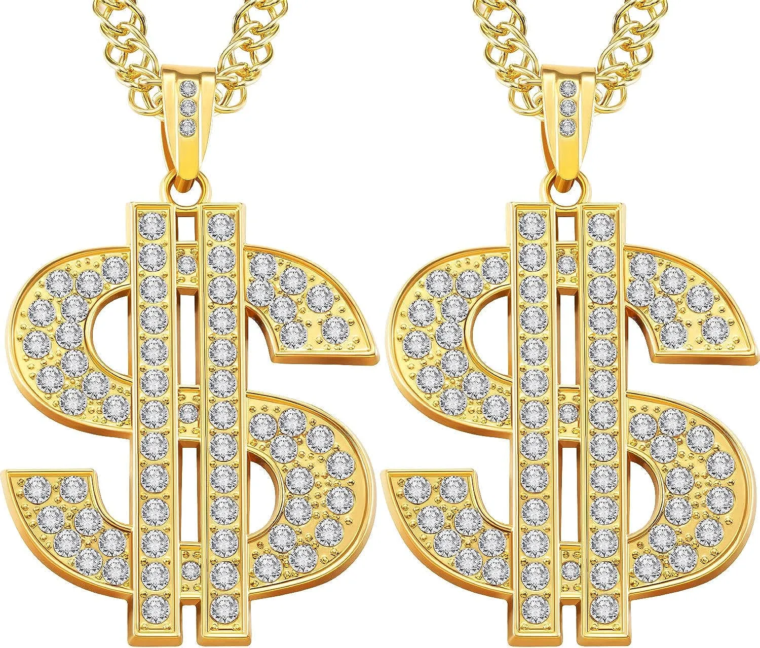 Tatuo 2 Pieces Plated Chain for Men with Dollar Sign Pendant Necklace, Hip Hop Dollar Necklace