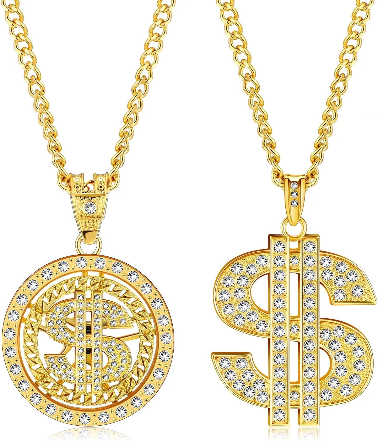 Tatuo 2 Pieces Plated Chain for Men with Dollar Sign Pendant Necklace, Hip Hop Dollar Necklace