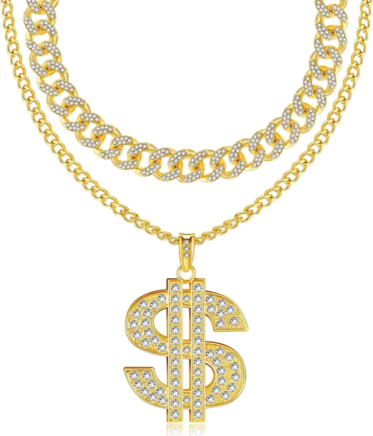 Tatuo 2 Pieces Plated Chain for Men with Dollar Sign Pendant Necklace, Hip Hop Dollar Necklace