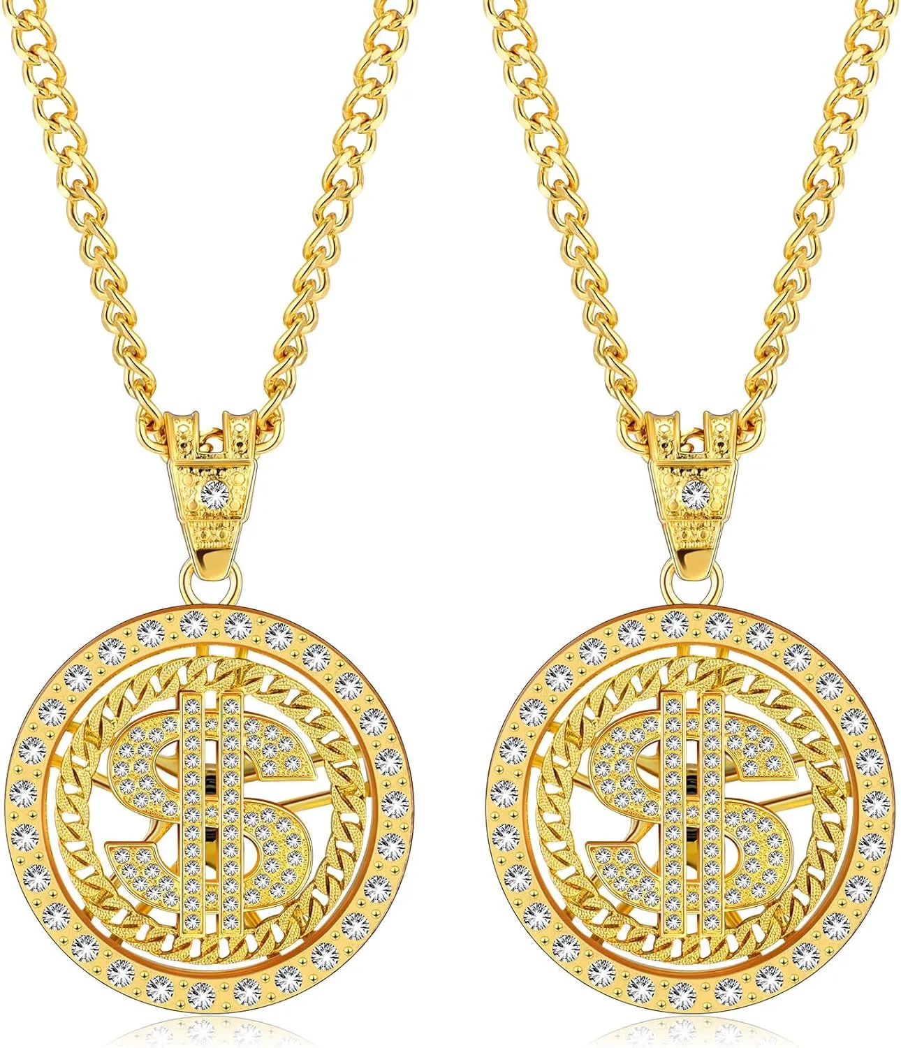 Tatuo 2 Pieces Plated Chain for Men with Dollar Sign Pendant Necklace, Hip Hop Dollar Necklace