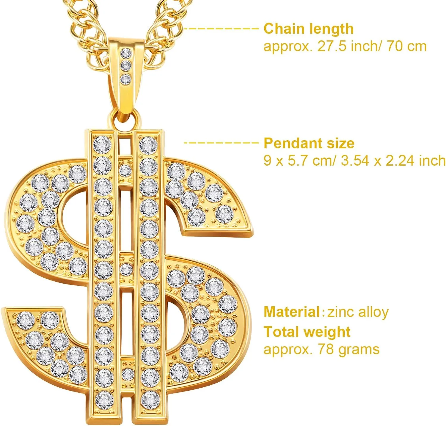 Tatuo 2 Pieces Plated Chain for Men with Dollar Sign Pendant Necklace, Hip Hop Dollar Necklace