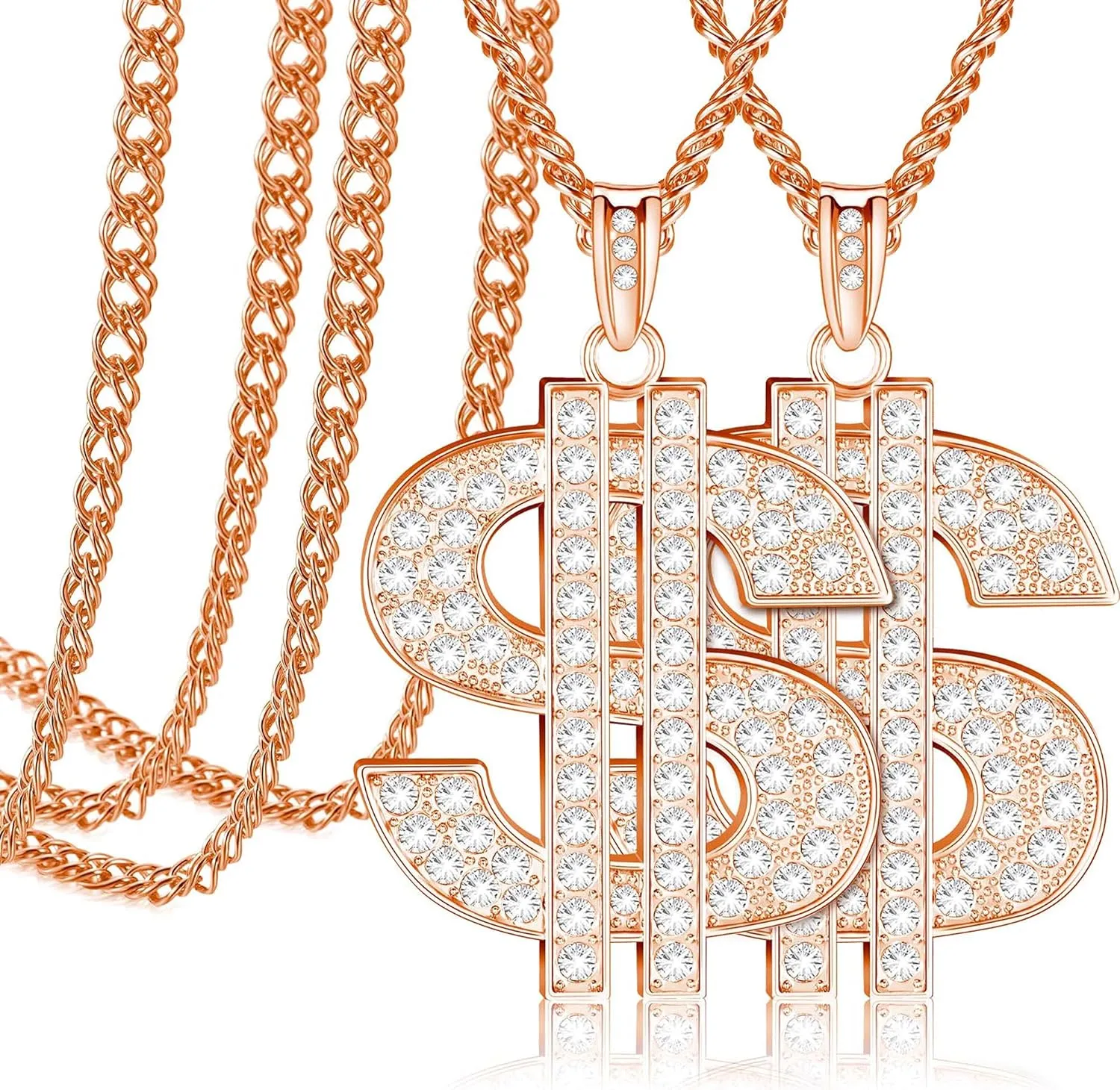 Tatuo 2 Pieces Plated Chain for Men with Dollar Sign Pendant Necklace, Hip Hop Dollar Necklace