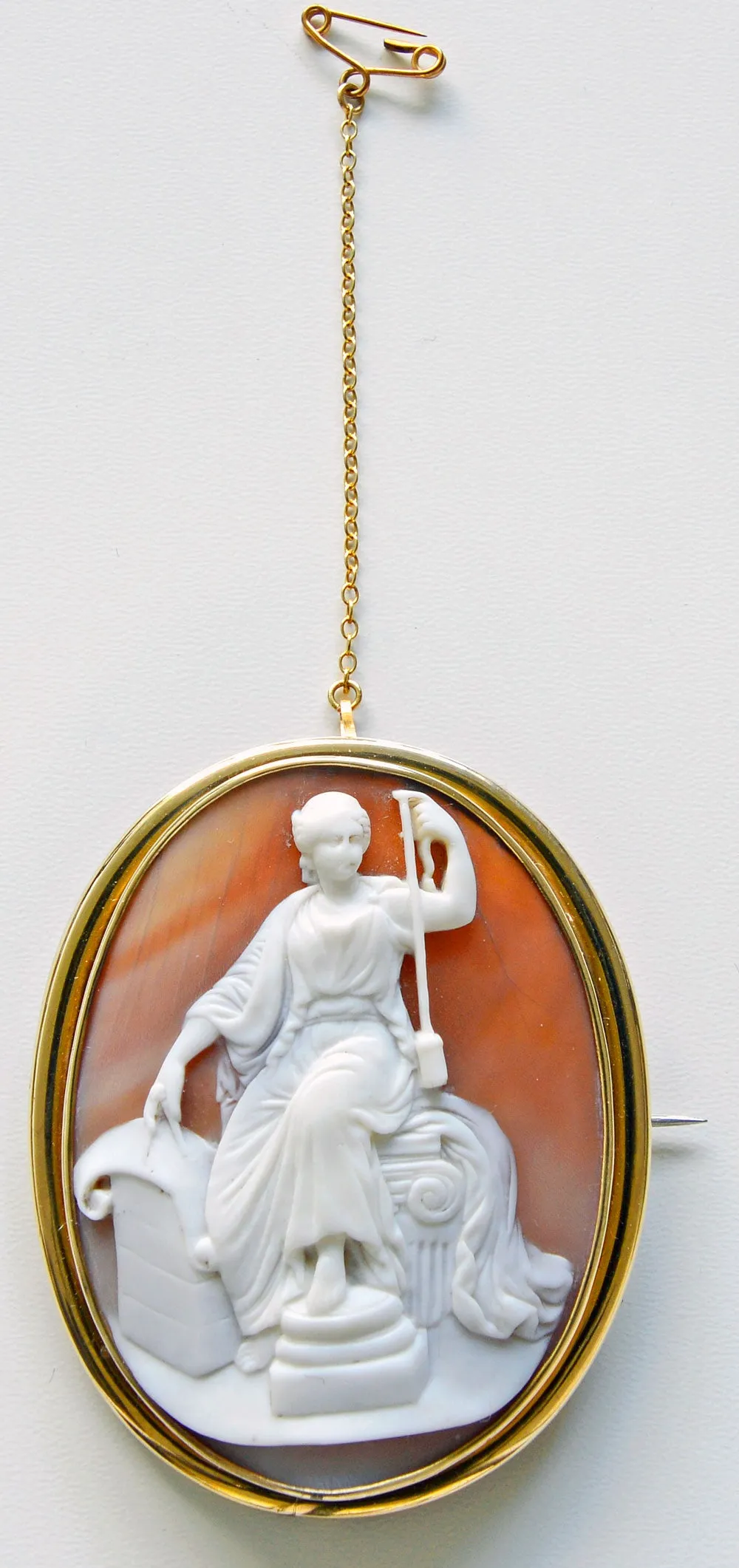 The Goddess Fate. Victorian carved shell cameo brooch. Wonderful quality.