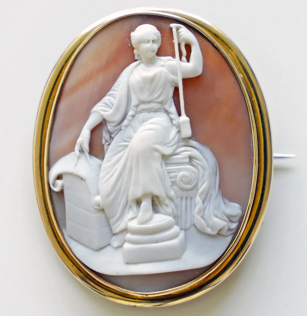 The Goddess Fate. Victorian carved shell cameo brooch. Wonderful quality.