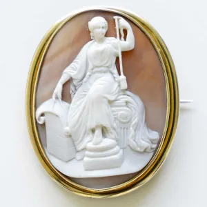 The Goddess Fate. Victorian carved shell cameo brooch. Wonderful quality.