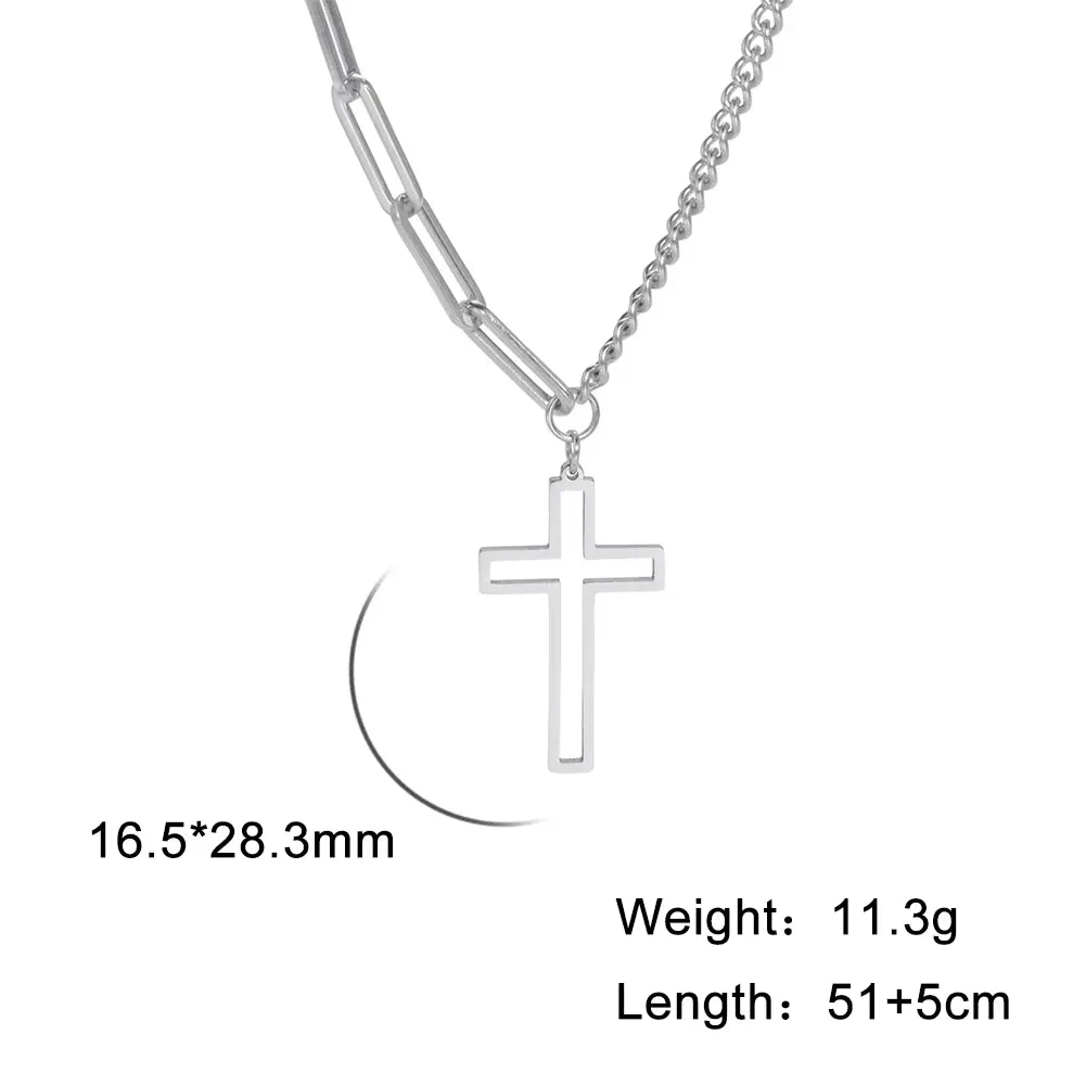 Trendy Stainless Steel Hollow Cross Necklace for Men - Hip-Hop Figaro Chain Christian Jewelry