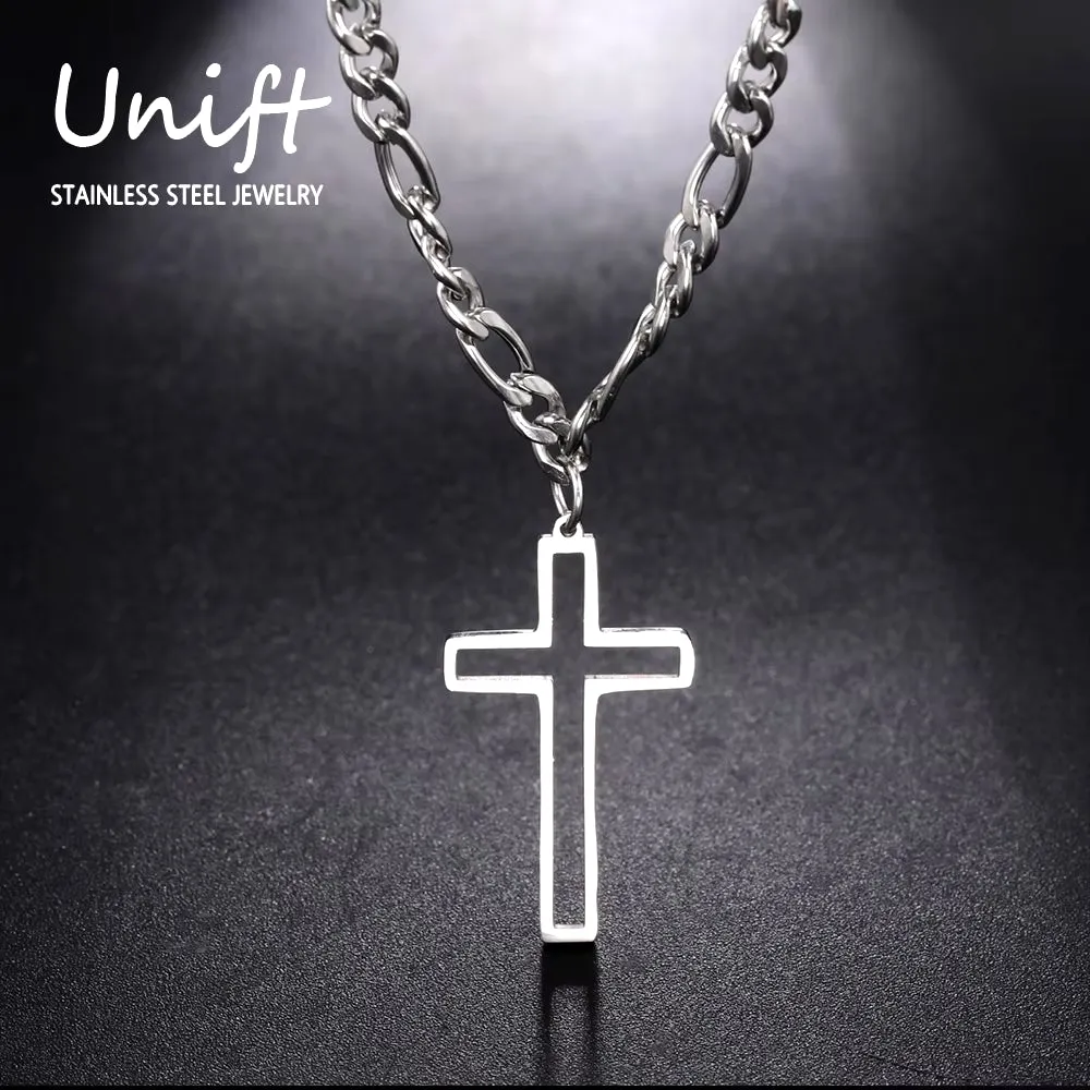 Trendy Stainless Steel Hollow Cross Necklace for Men - Hip-Hop Figaro Chain Christian Jewelry