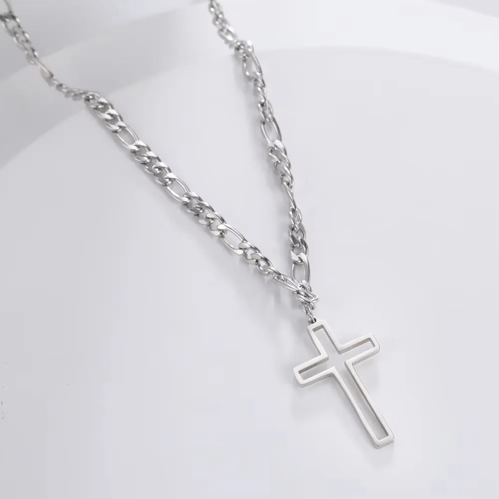 Trendy Stainless Steel Hollow Cross Necklace for Men - Hip-Hop Figaro Chain Christian Jewelry