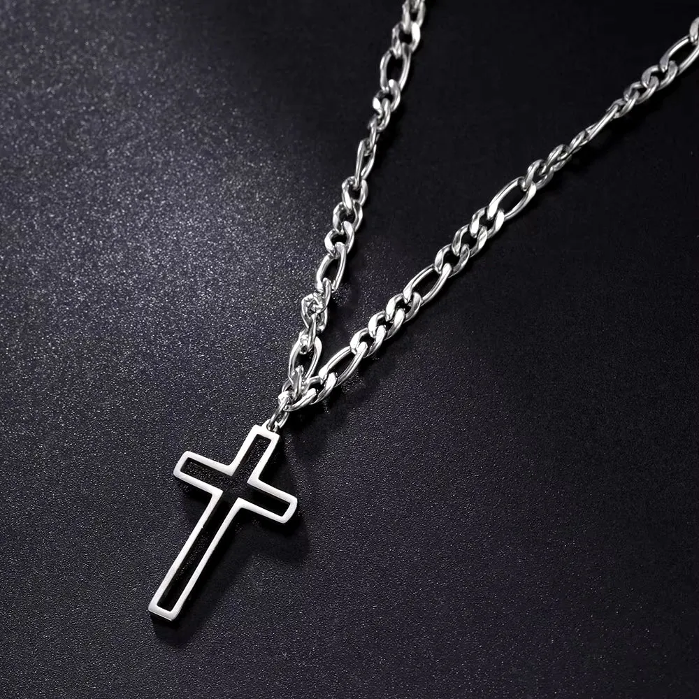 Trendy Stainless Steel Hollow Cross Necklace for Men - Hip-Hop Figaro Chain Christian Jewelry