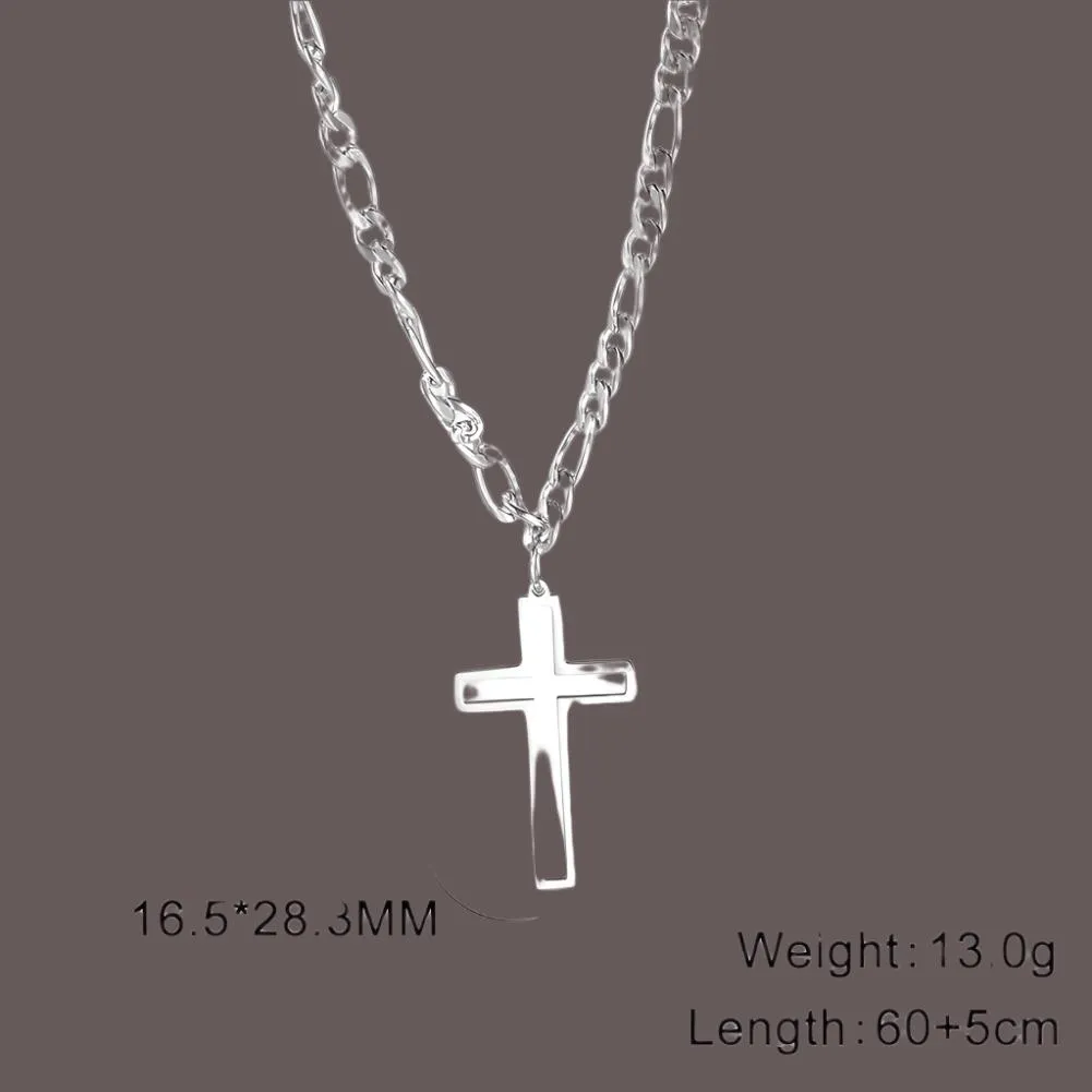 Trendy Stainless Steel Hollow Cross Necklace for Men - Hip-Hop Figaro Chain Christian Jewelry