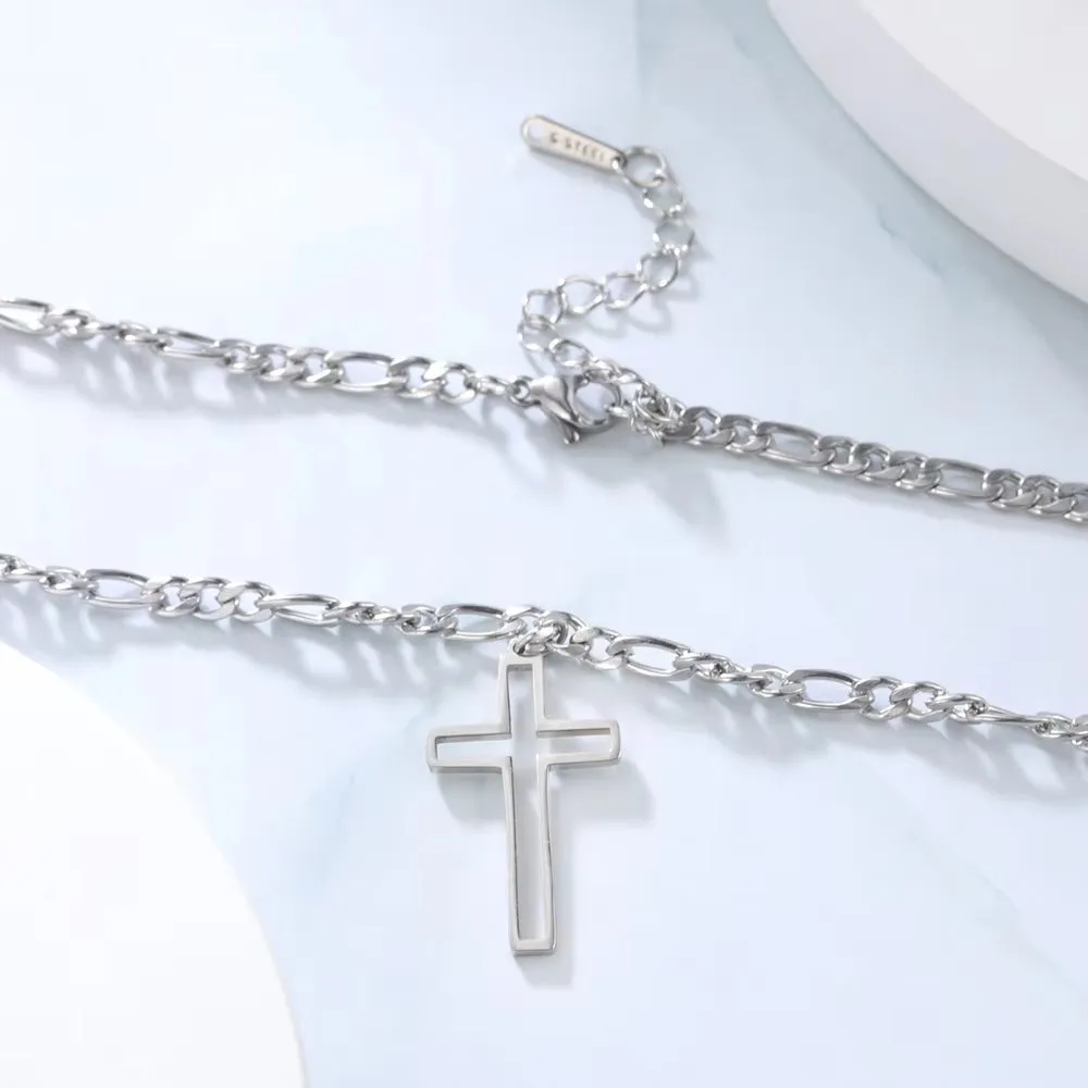 Trendy Stainless Steel Hollow Cross Necklace for Men - Hip-Hop Figaro Chain Christian Jewelry