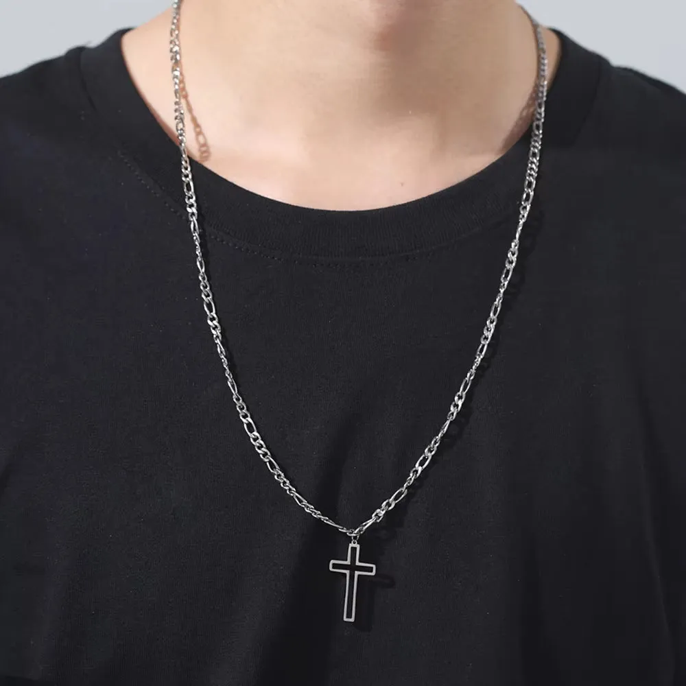 Trendy Stainless Steel Hollow Cross Necklace for Men - Hip-Hop Figaro Chain Christian Jewelry