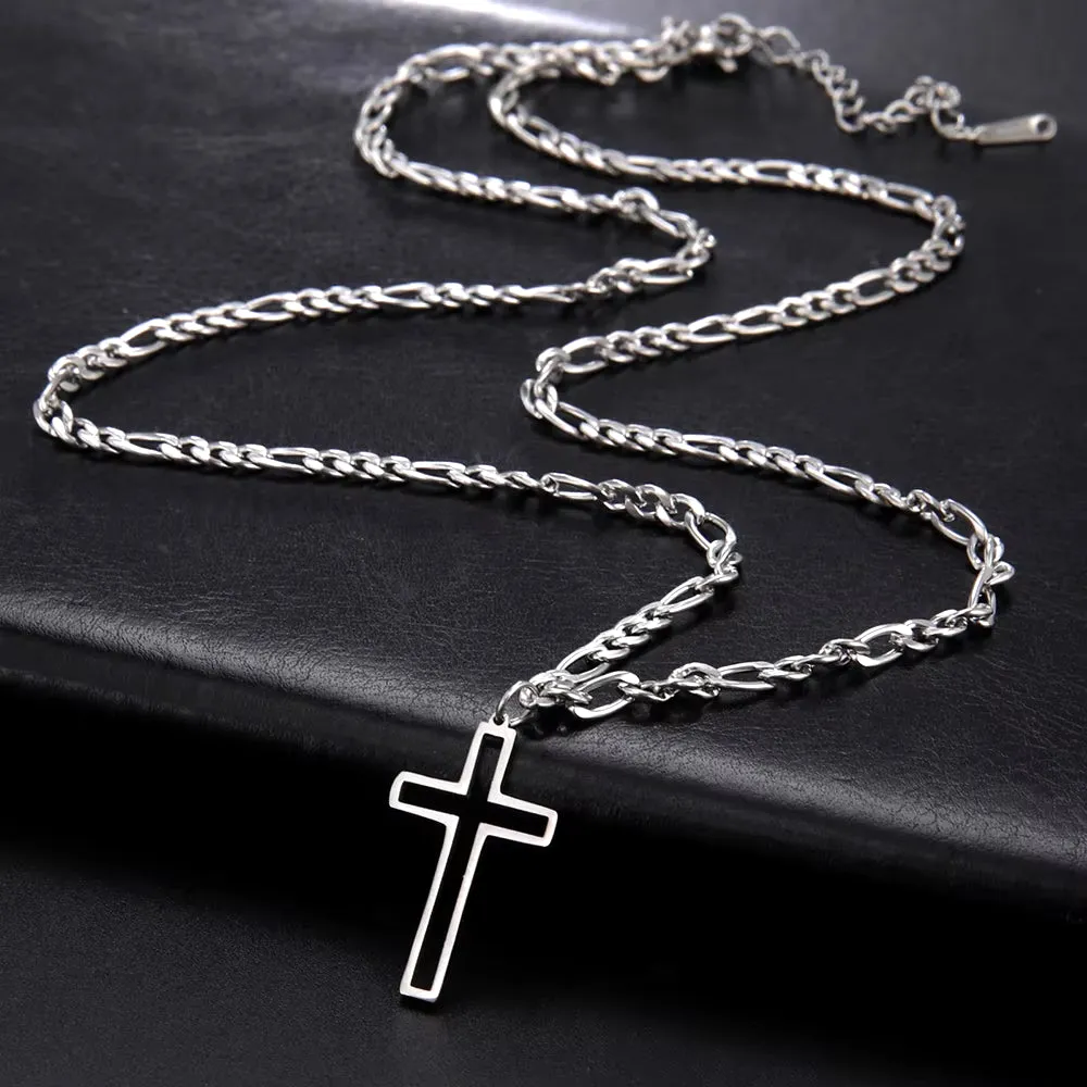 Trendy Stainless Steel Hollow Cross Necklace for Men - Hip-Hop Figaro Chain Christian Jewelry
