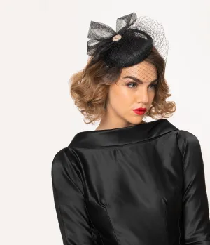 Unique Vintage Black Sinamay & Rhinestone Brooch Fascinator
