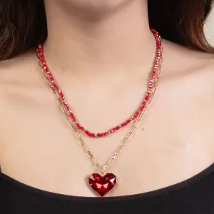 Valentine Layered Red Crystal Heart And Beaded Necklace