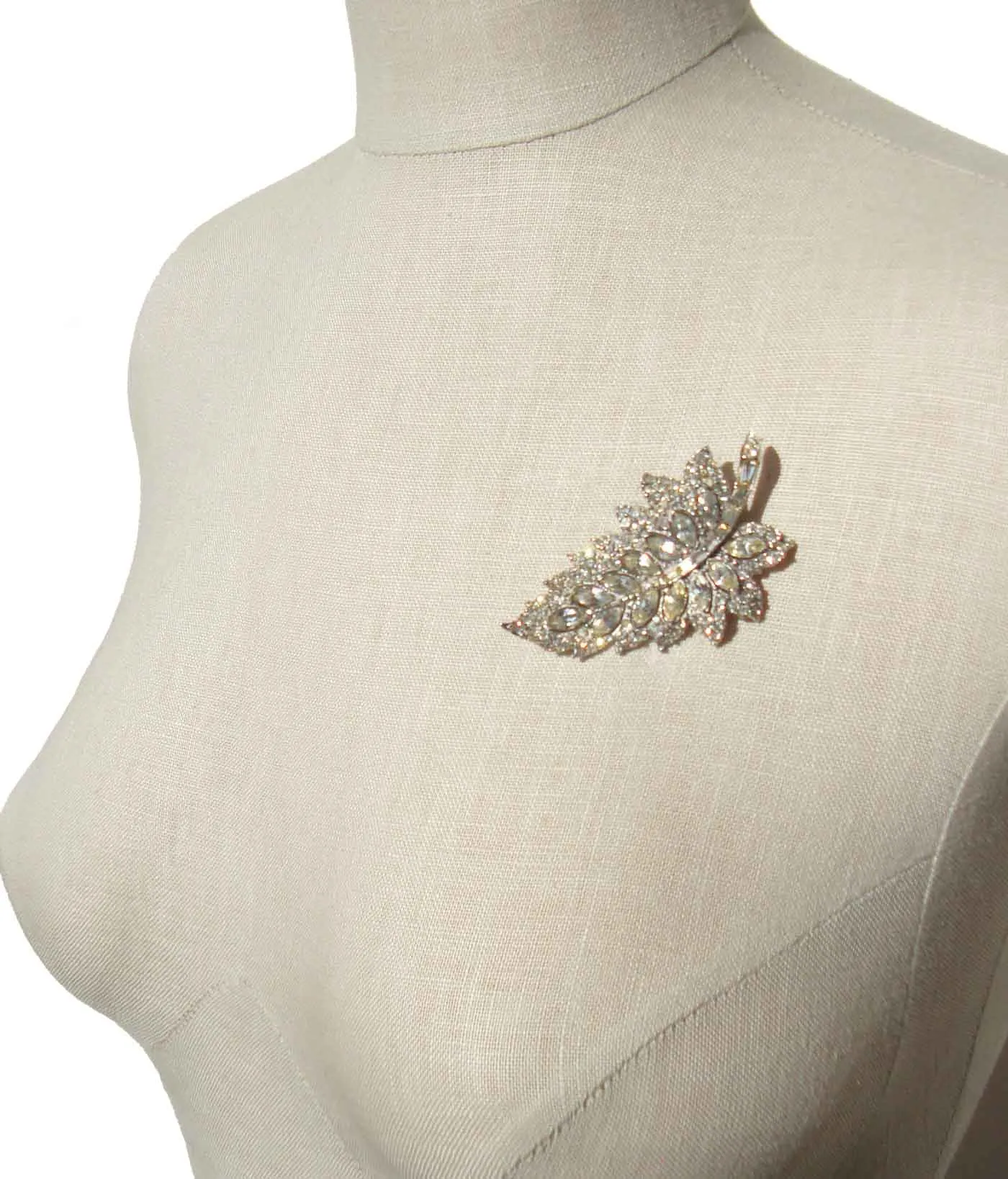 Vintage Bogoff Rhinestone Leaf Brooch Cocktail Pin