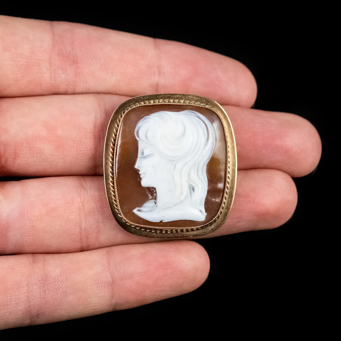 Vintage Bullmouth Shell Cameo Portrait Brooch 9Ct Gold Dated 1965
