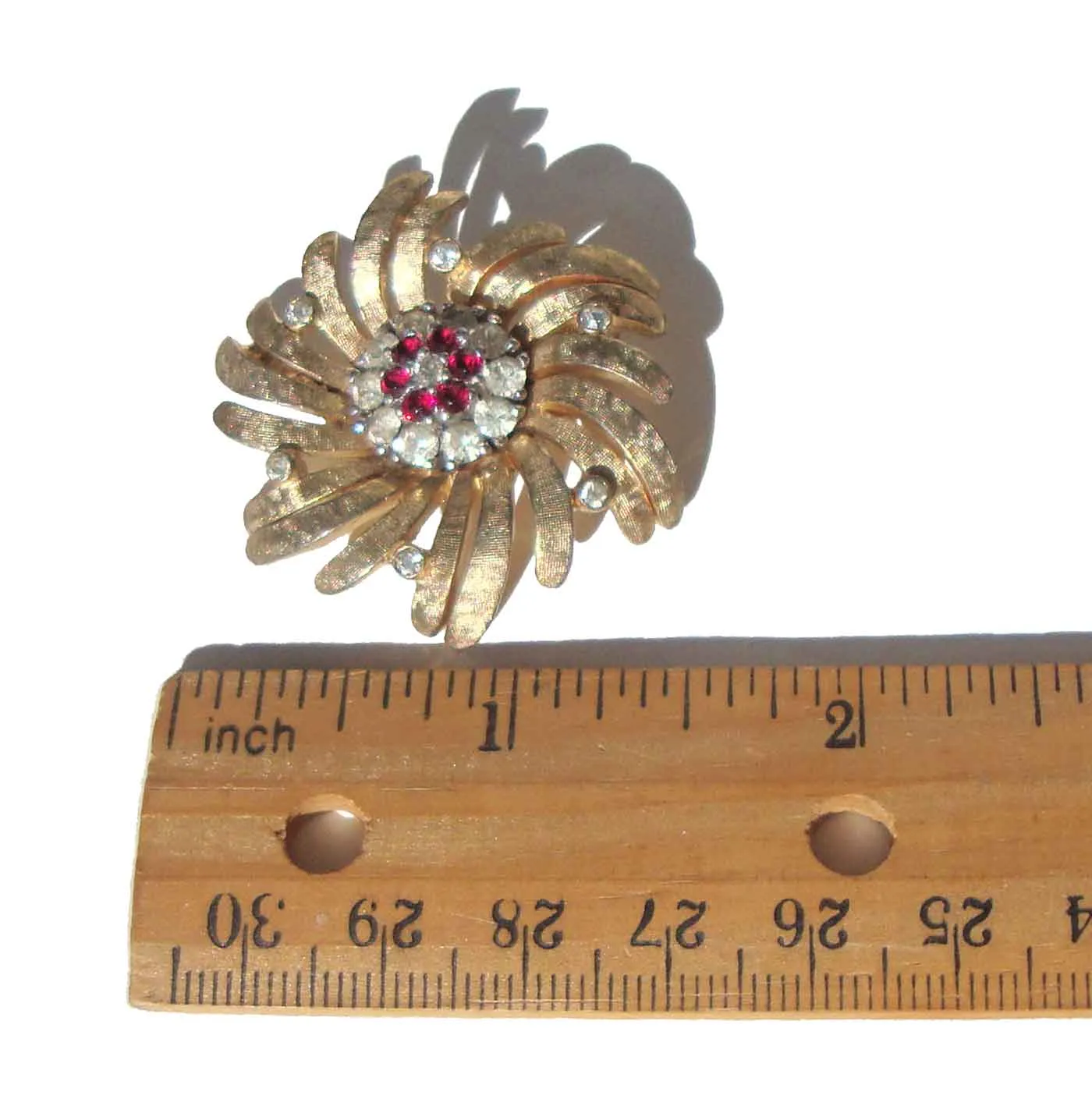 Vintage Jomaz Floral Cocktail Brooch Red & White Rhinestones Pin