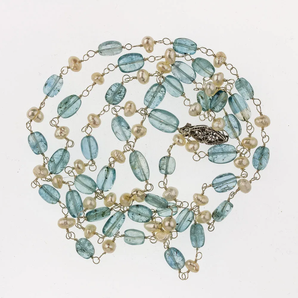 Vintage necklace of high quality aquamarine ovals, Japanese freshwater pearls on sterling silver wire. j-nlbd1219