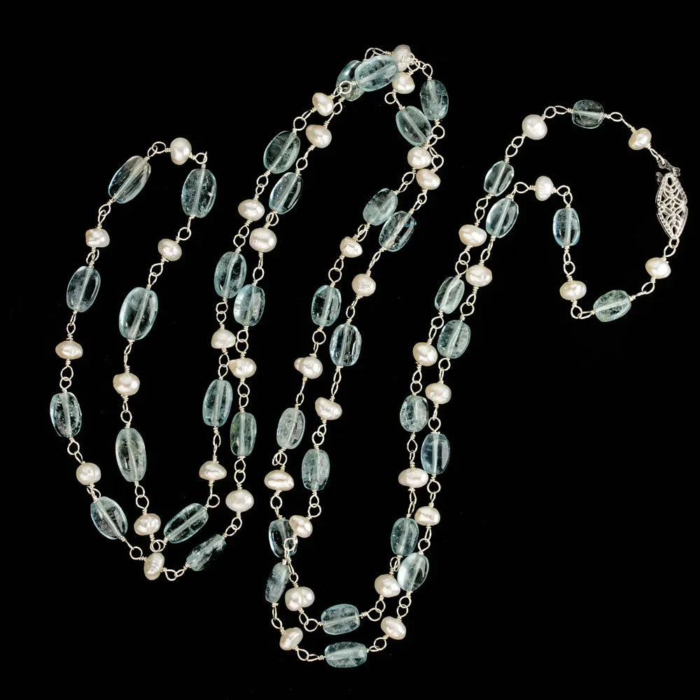 Vintage necklace of high quality aquamarine ovals, Japanese freshwater pearls on sterling silver wire. j-nlbd1219