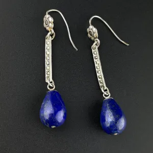 Vintage Silver Marcasite Lapis Lazuli Long Drop Dangle Earrings