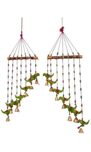 Wind Chimes for Home Decoration Paper Mache Showpiece Parrot Wind Chimes Home Decoration for Hall Balcony Wall/Door/Window Hanging Bells (90 cm, Green) (1)