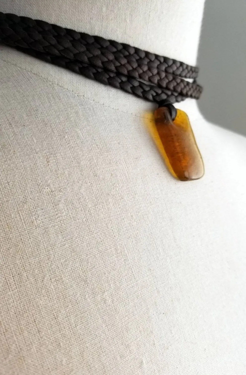 Ziri African Glass Pendant Braided Leather Choker Style Necklace - SS1130