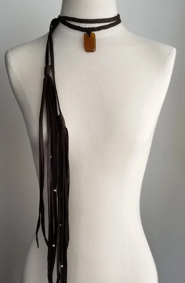 Ziri African Glass Pendant Braided Leather Choker Style Necklace - SS1130